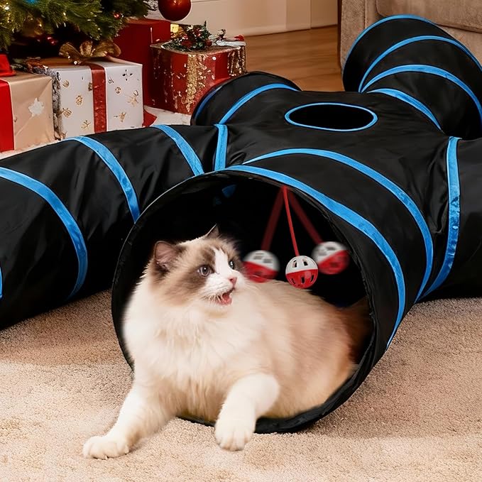 Joytale 5-Way Cat Tunnels for Indoor Cats, Pet Tube Toy with Bell Ball and Toy Mouse, S-Shape Collapsible Tunnel with Interactive Hole for Kitty, Kitten, Rabbit, Puppy (Blue&Black)