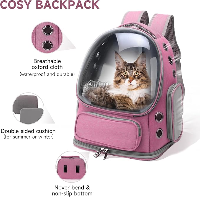 Cat Backpack Carrier, Breathable Cat Carrier Large Space Bubble Pet Backpack for Kitty Small Dog up to 12lbs, Transparent & Foldable Pet Carrier for Travel Hiking（Pink）