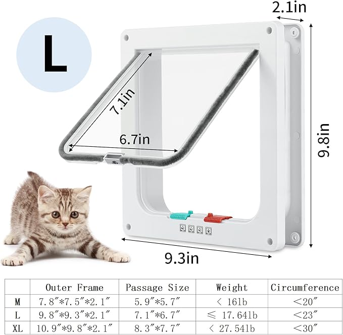 Cat Door for Interior Exterior Door (Outer Size 9.8" x 9.3"), 4-Way Locking Flap for Cats & Dogs(Circumference < 23"), Weatherproof Pet Door, White, ABS Material (L)