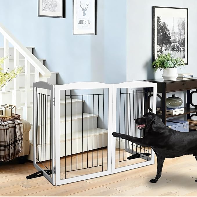 ZJSF Freestanding Dog Fence Indoor, Foldable Dog Gate for Doorways, Stairs or Hallways, Sturdy Wood Extra Wide Pet Gate with Support Feet for The House, White, 32 "Height-6 Panels
