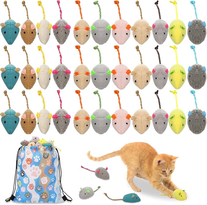 Leitee 50 Pcs Assorted Mice Cat Toys Bulk with 1 Cat Paw Gift Storage Bags Set, Furry Mouse Kitten Toy Mini Mouse for Indoor Cats, Interactive Play Color Varies(51 Pcs,Plush Mice)