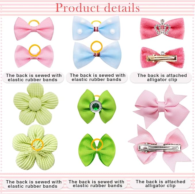 100pcs Assorted Dog Hair Bows,Cute Solid Color Dog Bows for Girl Small Medium Size Dogs,Handmade Puppy Bowknot with Rhinestone Crown Designer and Mix Shapes, Pet Hair Grooming Accessories