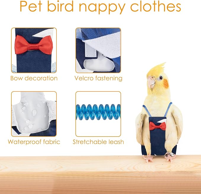 Adjustable Parrot Diaper, Parrot Clothes for Birds, Parrot Diaper Bird Flight Suit, Bird Diaper Harness, Bird Parrot Diaper with Elastic Training Rope (Dark Blue, 1PCS)