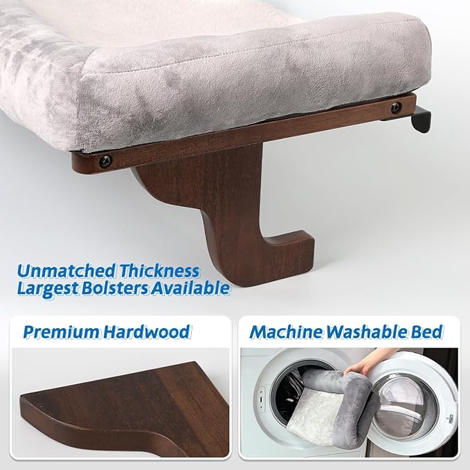 Zakkart Cat Perch for Window Sill with Bolster - Orthopedic Hammock Design with Premium Hardwood & Robust Metal Frame - Cat Window Seat for Large Cats and Kittens - Dark Stained Wood Gray Bed, 24''W