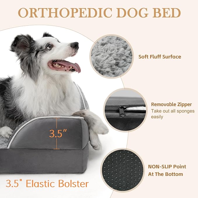 Comfort Expression Orthopedic Dog Bed for Small Dogs 20x14 Inch, Waterproof Supportive Egg Crate Foam Small Pet Bed with Removable Bolsters, Dog Couch with Washable Cover & Non-Slip Bottom, Grey