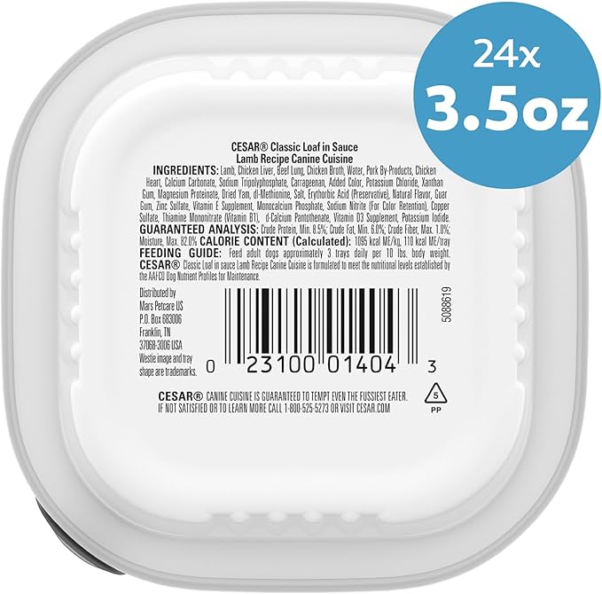 Cesar Classic Loaf in Sauce Adult Wet Dog Food Lamb Recipe, 3.5 oz. Easy Peel Trays, 24 Count (Pack of 1)