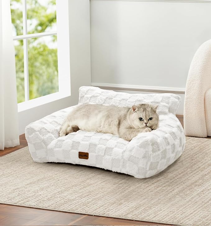 Made4Pets Cat and Dog Indoor Couch Bed, Soft Faux Fur Checkered Pet Sofa, Cozy Fluffy Pet Sofa with Supportive Foam, Removable Washable Cover with Non-Slip Base, White, Medium