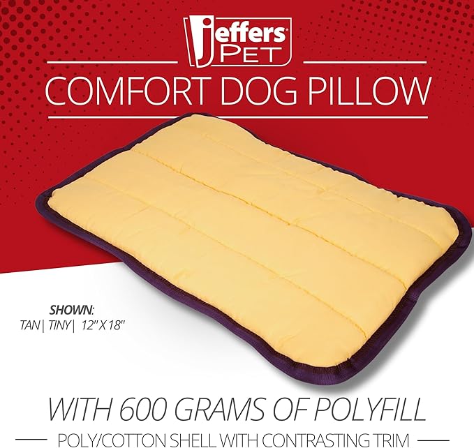 Jeffers Pet Comfort Dog Pillow, Tiny 12" x 18", Tan – Machine Washable Dog Bed for House, Sofa, Crate & Travel – Poly Cotton Shell, Winter Warmth, Soft, Comfy, Durable, Top Pet Bedding