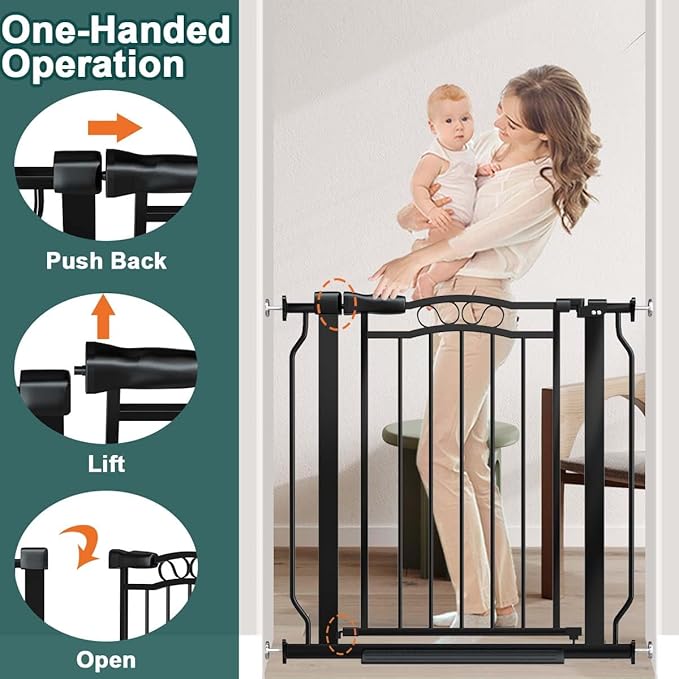 Fairy Baby 29.5"-53.1" Extra Wide Baby Gate for Doorways, No Drill Baby Gate for Stairs Hallway, Pressure Mounted Safety Child Gate Pet Barrier, Walk Thru Auto Close Metal Dog Gate Indoor, Black