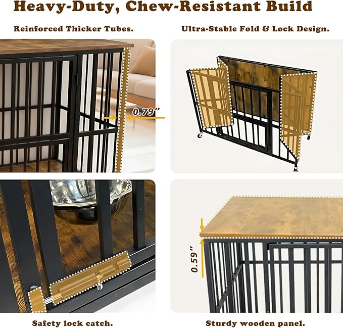 43" Dog Crate Furniture Foldable, Large Dog Kennel Furniture with Swing-Out Bowl & Dual Base Sets (Feet+Wheel), No Assembly Foldable Dog Crate Furniture, End Table for Large Dogs, Rustic Brown
