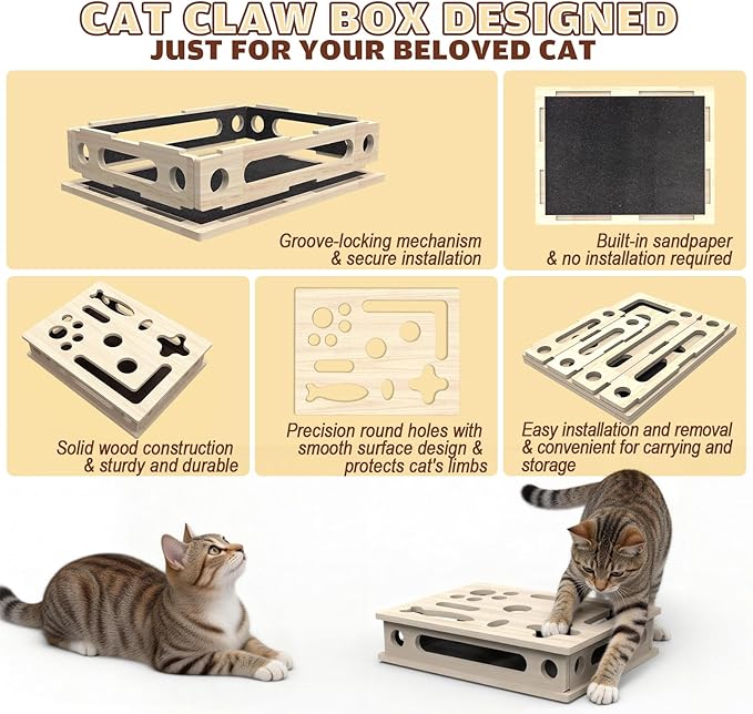 Cat Scratch Puzzle Enrichment Box, Solid Wood Construction Cat Nail File Enrichment Box with Sandpaper Inside, Cat Nail File Box Stress Free Alternative to Clippers and Grinders(No Bell Ball)