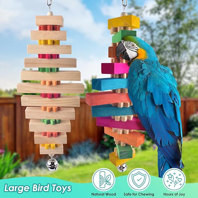Large Bird Toys for Parrot, 2 Pcs Colorful Natural Wood Block Chew Tearing Toy with Bell for Macaws, African Greys, Amazon Parrots, Eclectus, Cockatoo