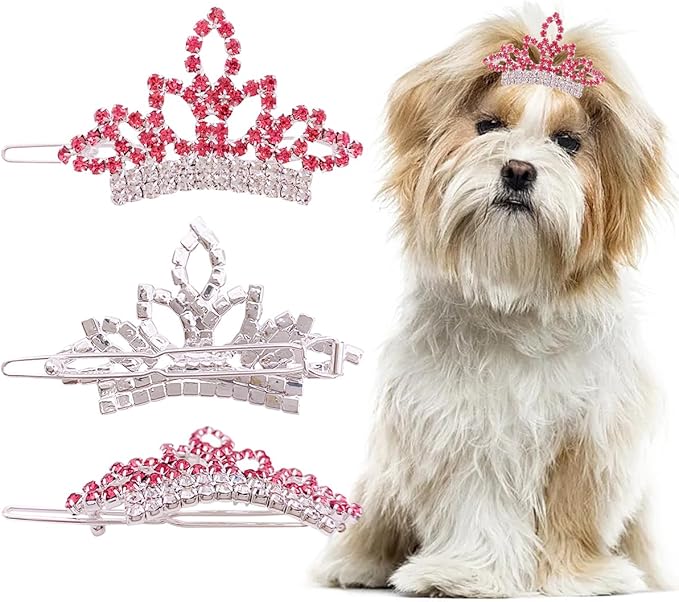 PET SHOW Dog Tiara Crown Hair Clips Bows for Small Dogs Costume Crystal Rhinestone Girls Puppies Barrette Grooming Hair Accessories (2pcs Silver + Pink Crown)