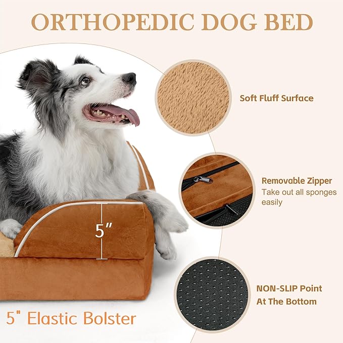 Comfort Expression Orthopedic Dog Bed for Large Dogs 36x27 Inch, Waterproof Supportive Egg Crate Foam Large Pet Bed with Removable Bolsters, Dog Couch with Washable Cover & Non-Slip Bottom, Orange
