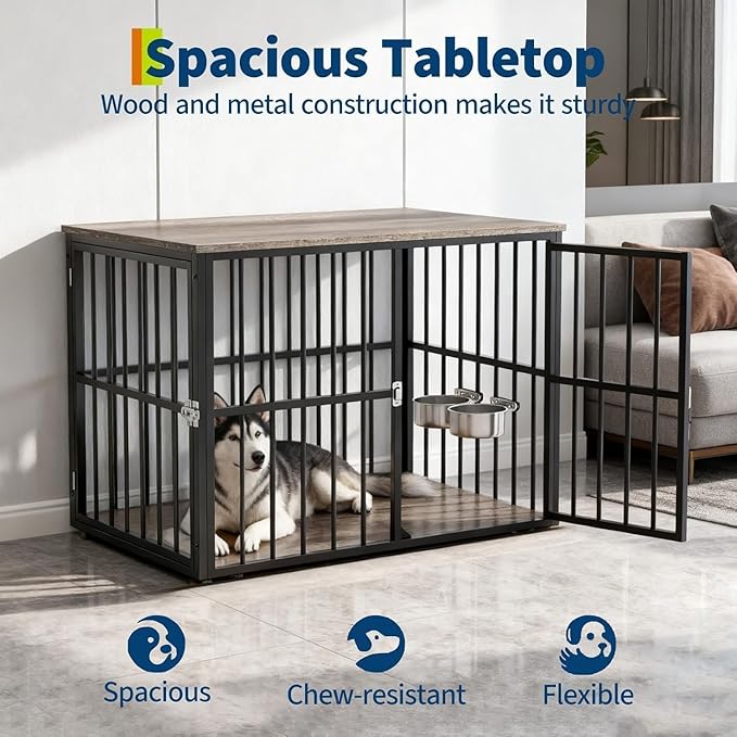 43 Inch Indoor Dog Crate End Table Furniture with Double Doors, Wooden Pet Cage Side Table, Heavy-Duty Dog Kennel for Medium and Large Breeds