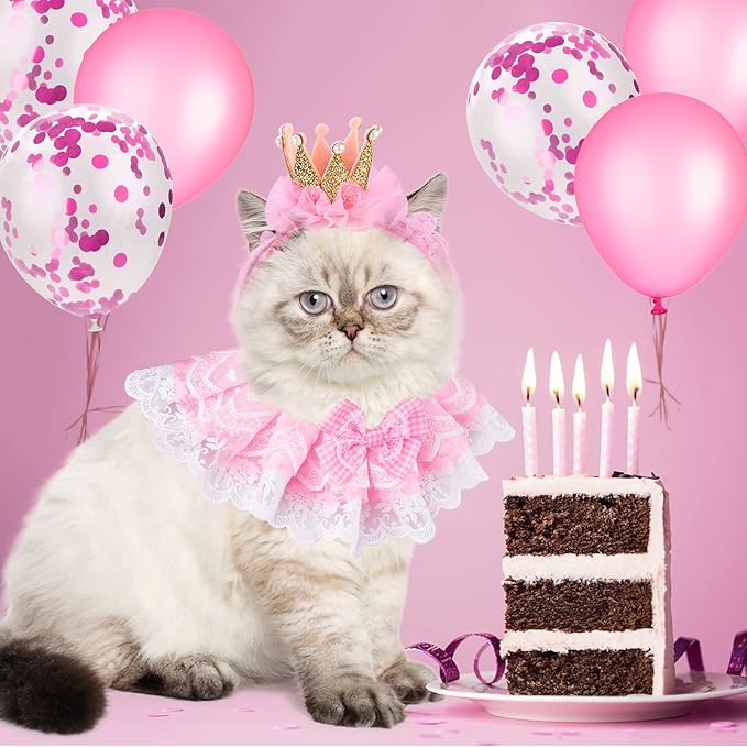 Legendog Cat Bandana, Princess Costume, Cute Lace Dog Bandanas and Crown Accessories for Small Dogs, Pink Outfit for Birthday Party (B-Pink)