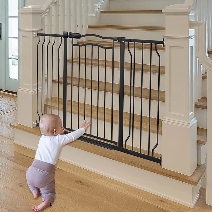 Fairy Baby 29.5"-43.7" Extra Wide Baby Gate for Stairs, Pressure Mounted Dog Gate for Doorways, Auto Close Metal Pet Gate with Arch Design for Puppy, No Drill Child Gate with Walk Thru Door, Black