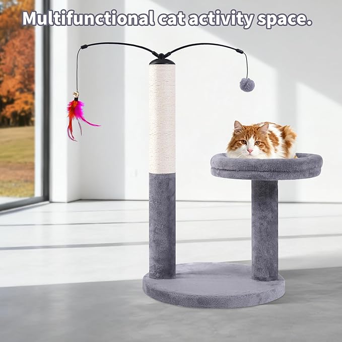24" Scratching Post, Interactive Cat Scratcher, with Perch & Plush Toy, Sturdy Weighted Base, Grey