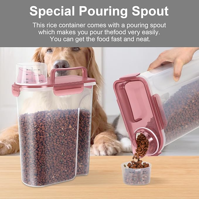 5-7Lbs Dog Cat Food Storage Container with Upgraded Large Nozzle BPA-free, 4 Snap Seals Plastic Pet Food Storage Containers with Handles (Clear Pink, 5L-1pack)