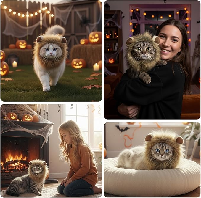 Cat Halloween Costumes - Adjustable Lion Mane Wig Pet Costumes for Cats (S)