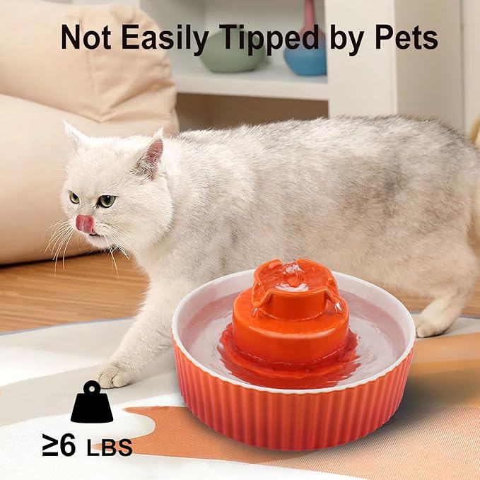 Ceramic Cat Water Fountain, 2.1L/71oz Cat Fountain with 3 Carbon Filters and 2 Water Pumps, Cupcake Pet Water Fountain for Cats and Dogs (Orange)