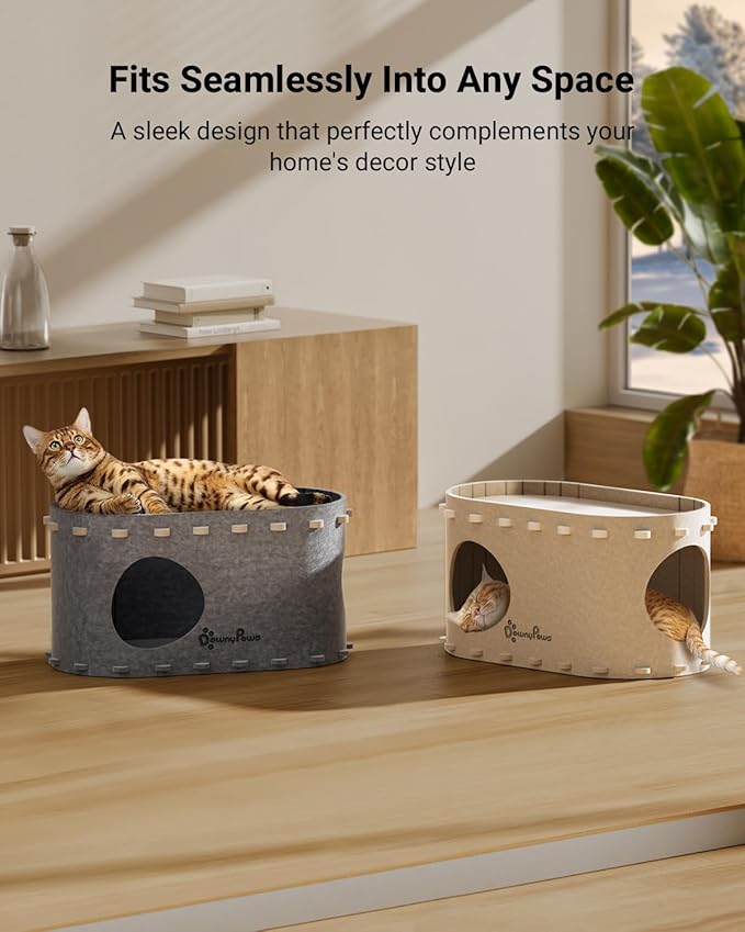 DownyPaws Cat House for Indoor Cats, Cat Bed Cave for Multiple & Large Cats Up to 22 Lbs, Scratch Resistant, Foldable Peekaboo Kitten Caves Tunnel Enclosed Bed, PeekaPurr, Light Gray