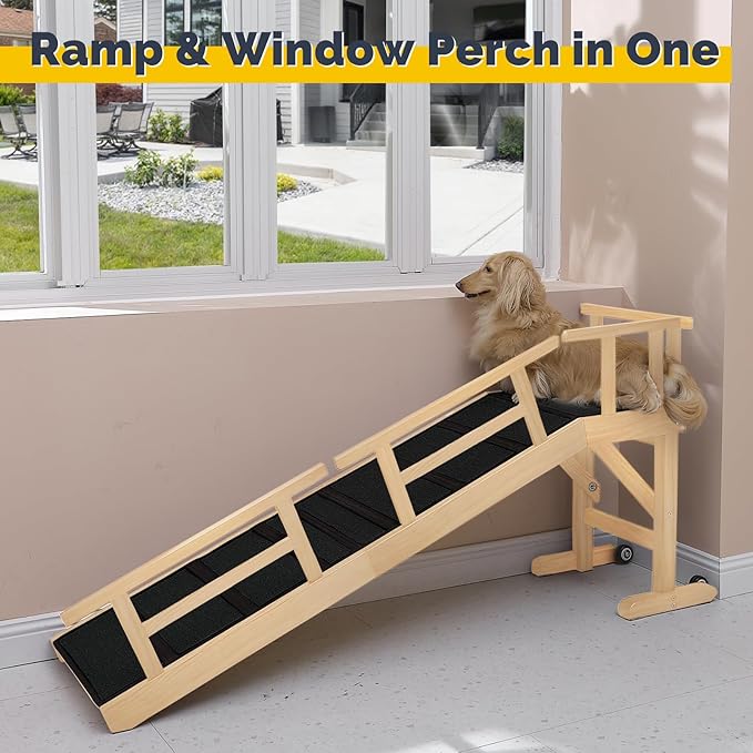 Dog Ramp for Bed or Couch, Wooden Pet Ramp with 20° Gentle Slope, Removable Side Rails, Non-Slip Surface, Top Platform & Wheels, Safe Bed Ramp for Small, Large & Senior Dogs, 60" Long, Natural