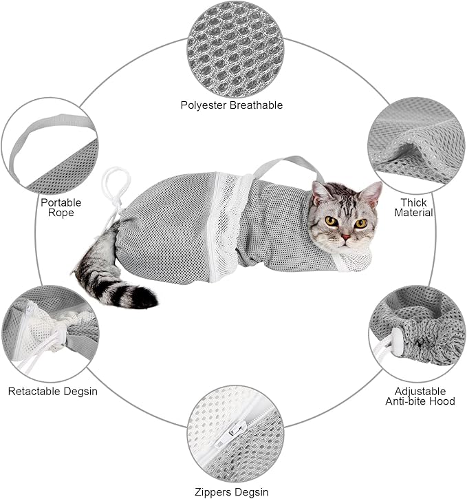 Cat Bag for Bathing Set with Cat Grooming Washing Bag Adjustable Pet Shower Brush - Cat Bathing Mesh Bag Anti Scratch Anti Bite Soft Durable for Cats & Dogs Restraint Grooming Nail Trimming Washing