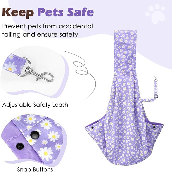 Pawaboo Small Dog Sling Carrier, Reversible Hands Free Dog Sling Carriers for Small Dogs and Cats, Puppy Slings Carrier with Safety Harness, Puppy Essentials, Purple Daisy
