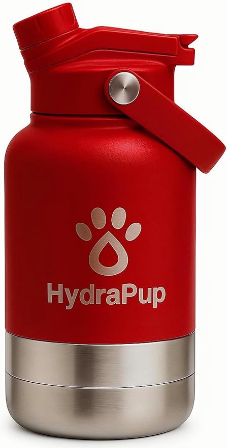 32oz Insulated Water Bottle with Dog Bowls – Human & Pet Shared Use, Stainless Steel Leakproof Travel Bottle (Crimson Red)