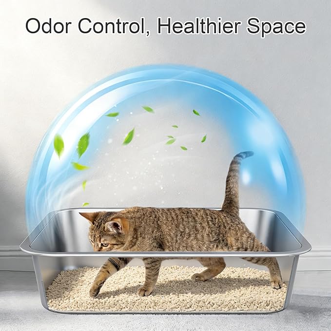 Stainless Steel Litter Box - Metal Small Cat Kitty Litter Box Pan, Indoor Low Entry Litterbox Tray, Odor-Free, Non-Stick, Easy Cleaning Pet Toilet Supplies for Kitten, Rabbit, Dog