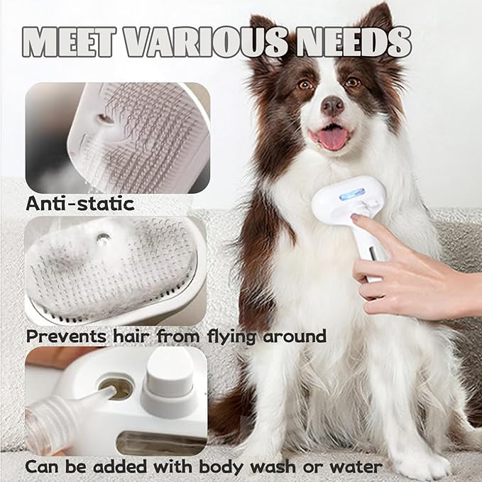 3 In 1 Self Cleaning Pet Spray Hair Removal Comb, Fresh Fur Shower Brush, Pet Steamy Shower Brush + Bathing Solution, Removes Loose Hair, Anti-Static (White)