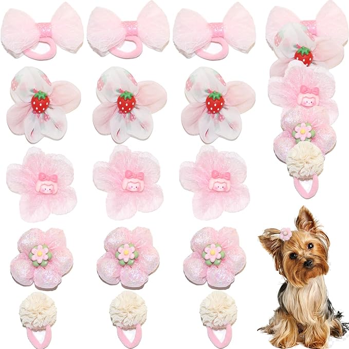 20pcs Dog Hair Bows, Cute Puppy Hair Bows Flowers Bowknot Hairball Strawberry Mix Styles, Pet Grooming Rubber Bands Dogs Hair Accessories Handmade