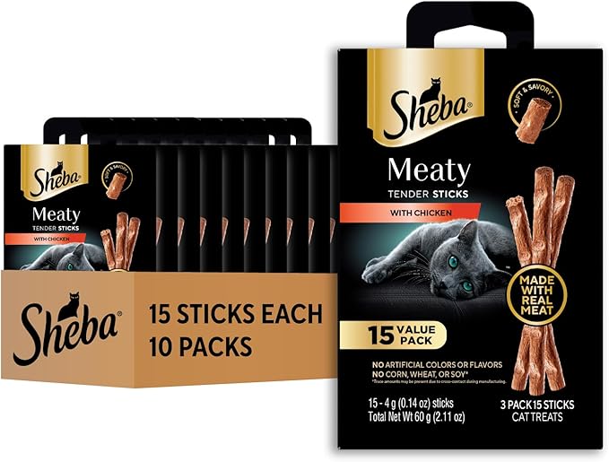 Sheba Meaty Tender Sticks Chicken Cat Treats, Chicken Flavor, Cat Snacks, 0.14 oz., 15 Count, Pack of 10 (150 Sticks Total)