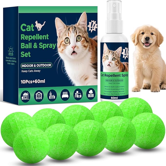 Cat Repellent Ball &,Spray, Dog Repellent, Natural Peppermint Oil Cat & Dog Deterrent Spray 60ml Outdoor and Indoor, Keep Cats Out of Yard Permanently, Protect Your Yard and Furniture