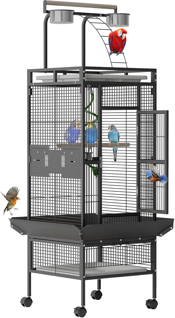 60 inch Large Bird Cage with Rolling Stand, Metal Parrot Cage with Play Top & 4 Stainless Steel Bowls, Birdcage Pet House for Conure Cockatiel Parakeet Lovebird, Black