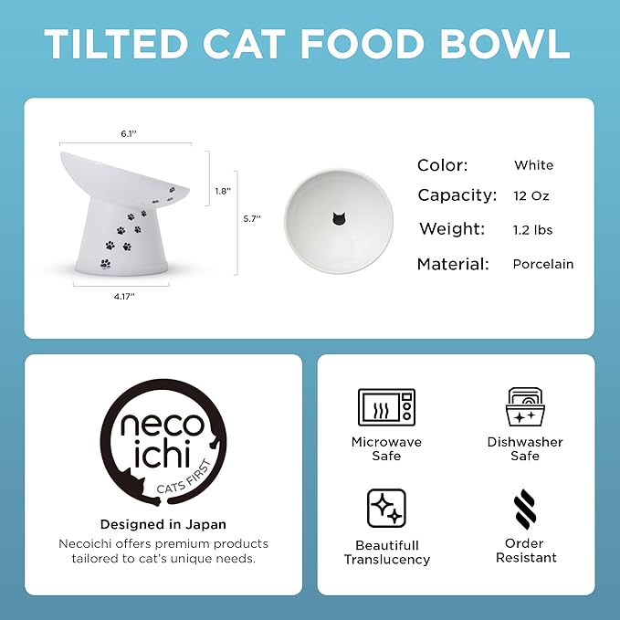 Necoichi Raised Cat Food Bowl – Ceramic Elevated 15° Tilted Cat Bowl for Whisker & Neck Fatigue, Dishwasher Microwave Safe Non-Slip Anti Vomiting Ergonomic Design (Extra Wide Tilted, 1.5-Cup Capacity)