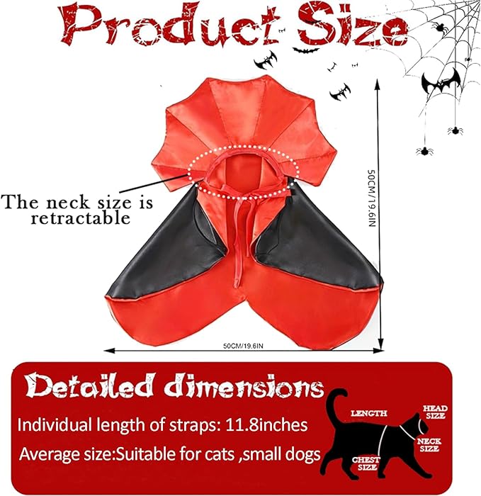 Cat Halloween Costumes, Vampire Cloak Cape Costume Clothes, Cat Bat Mask with Cloak, Red Black Pet Accessories Outfit Decor Cowl for Small Dogs, Halloween Party Pet Cosplay