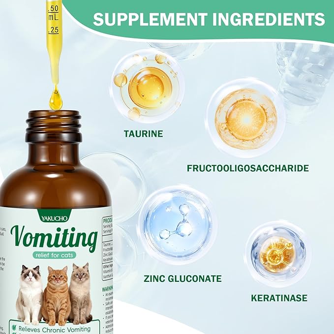 Vomiting Relief for Cats, Cat Vomit Remedy, Digestive Support Drops with Probiotics to Help Reduce Vomiting, Hairballs & Sensitive Stomach, Supports Gut Health, Easy to Mix with Food - 2 FL OZ