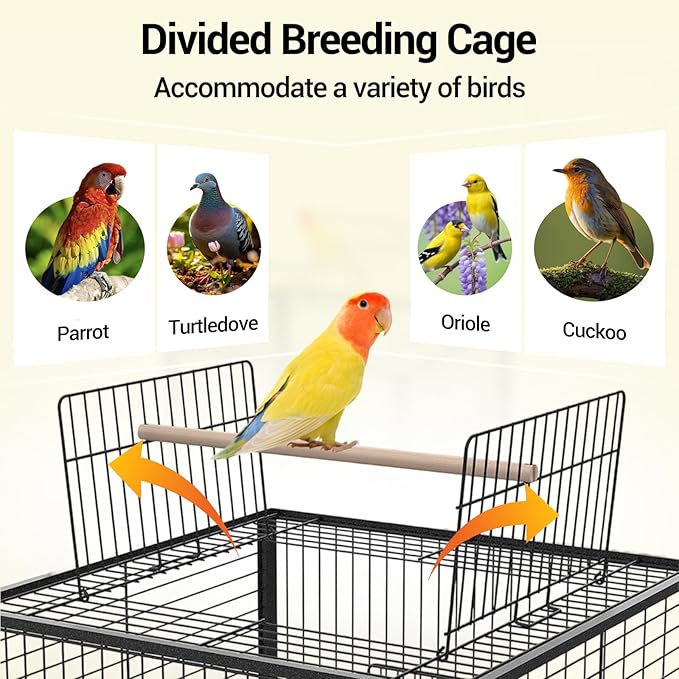 63 Inch Bird Cage with Wooden Perches, Standing Wrought Iron Birdcage Large Parrot Flight Bird Cage with Rolling Stand Birdcages for Cockatiels African Grey Quaker Lovebird Canary Budgie Finch Black