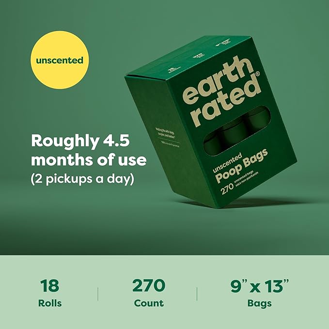 Earth Rated Poop Bags for Dogs, Guaranteed Leak Proof and Extra Thick Waste Bag Refill Rolls, Unscented, 270 Bags