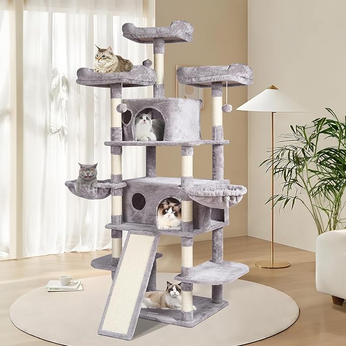 VEVOR Cat Tree for Indoor Cats, 68.5" Cat Tower with 2 Cat Condos, Sisal Scratching Post, Hammocks, Top Perches, Jumping Platforms and Ramp, Cat Furniture Activity Center with Hang Balls, Light Grey