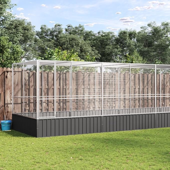 vidaXL Bird Aviary with Extension - Galvanized Steel Cage - Silver/Anthracite - 490.6"x81.5"x83.5" - Birds/Small Animals/Rabbits/Ducks