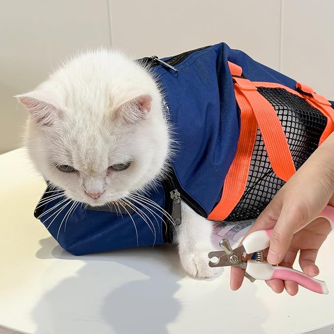 Cinf Cat Nail Clipping Cleaning Grooming Restraint Bag （Free Muzzle） No Scratching Biting for Bathing Nail Trimming Injecting Examining((Navy Blue,M)