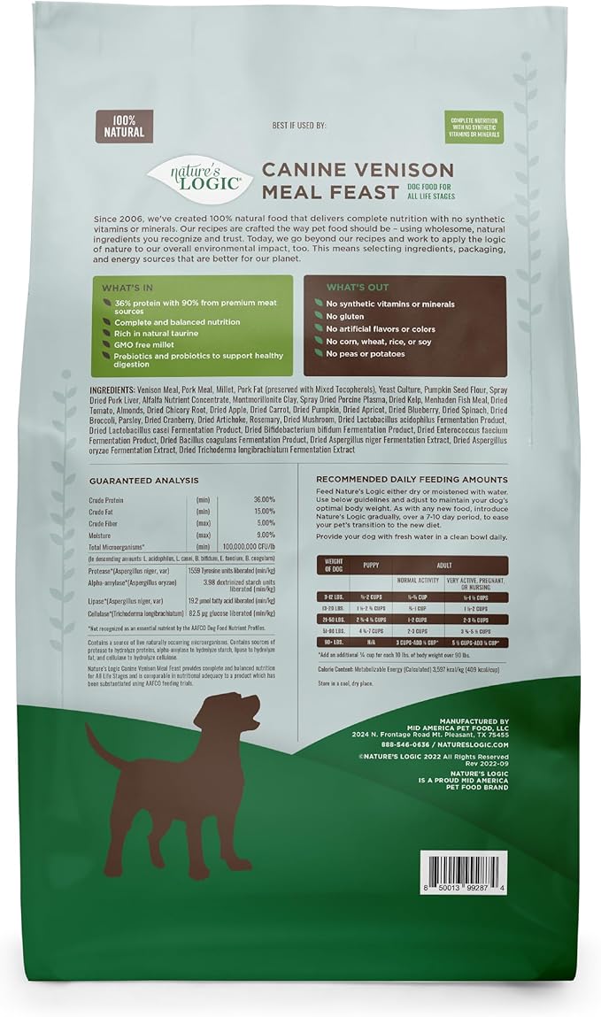 Nature's Logic Dry Dog Food - 100% Natural - No Synthetics - for All Ages, Sizes, Breeds - Free from Common Allergens, High Protein - Venison Meal Feast, 13lbs