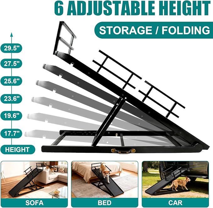 CypherX Dog Ramp for Couch or Bed, 18" W Folding Wooden Pet Ramp with Anti-Slip Rubber Mat & 3 Removable Safety Side Rails, 6 Adjustable Height from 17" to 29" for Small & Large Dogs & Cats