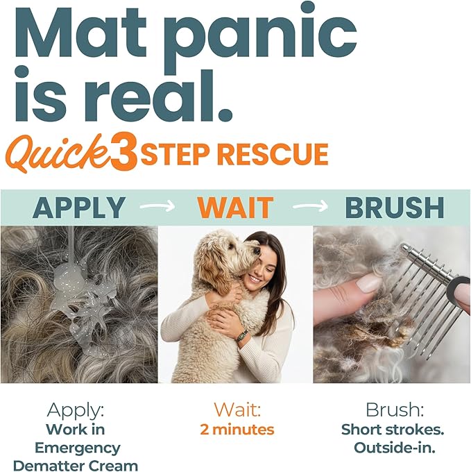 Emergency Dematter for Dogs, Quick Action Dematting Cream Dissolves Severe Mats & Knots, Reduces Pain & Breakage, Plant-Based Vegan Formula for All Coat Types, 8 oz