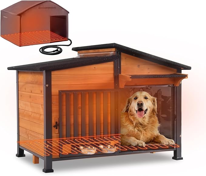 GUTINNEEN Large Heated Dog House Outdoor Insulated Dog Kennel Weatherproof with Safe Heating Pad, Full 6-Sided Insulation, Chew-Proof Metal Frame, Rotatable Spill-Proof Bowl for Large Dog Breeds
