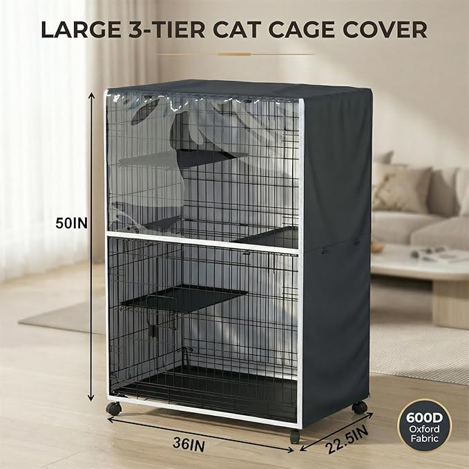 Cat Enclosure Cover for Large 3-Tier Cage - 36" L x 23" W x 50" H, 600D Waterproof Oxford Fabric with PVC Windows & Adjustable Panels(Cover Only, Black)