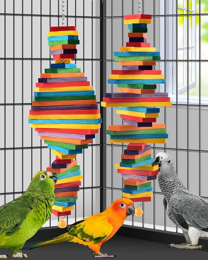 Bissap 2 PCS Bird Chew Toys, Multicolored Bagel Cascade Bird Parrot Chewing Sticks Biting Wooden Blocks Toy for Medium Amazon Cockatiels Cockatoos Macaws and Similar Sized Pet Birds